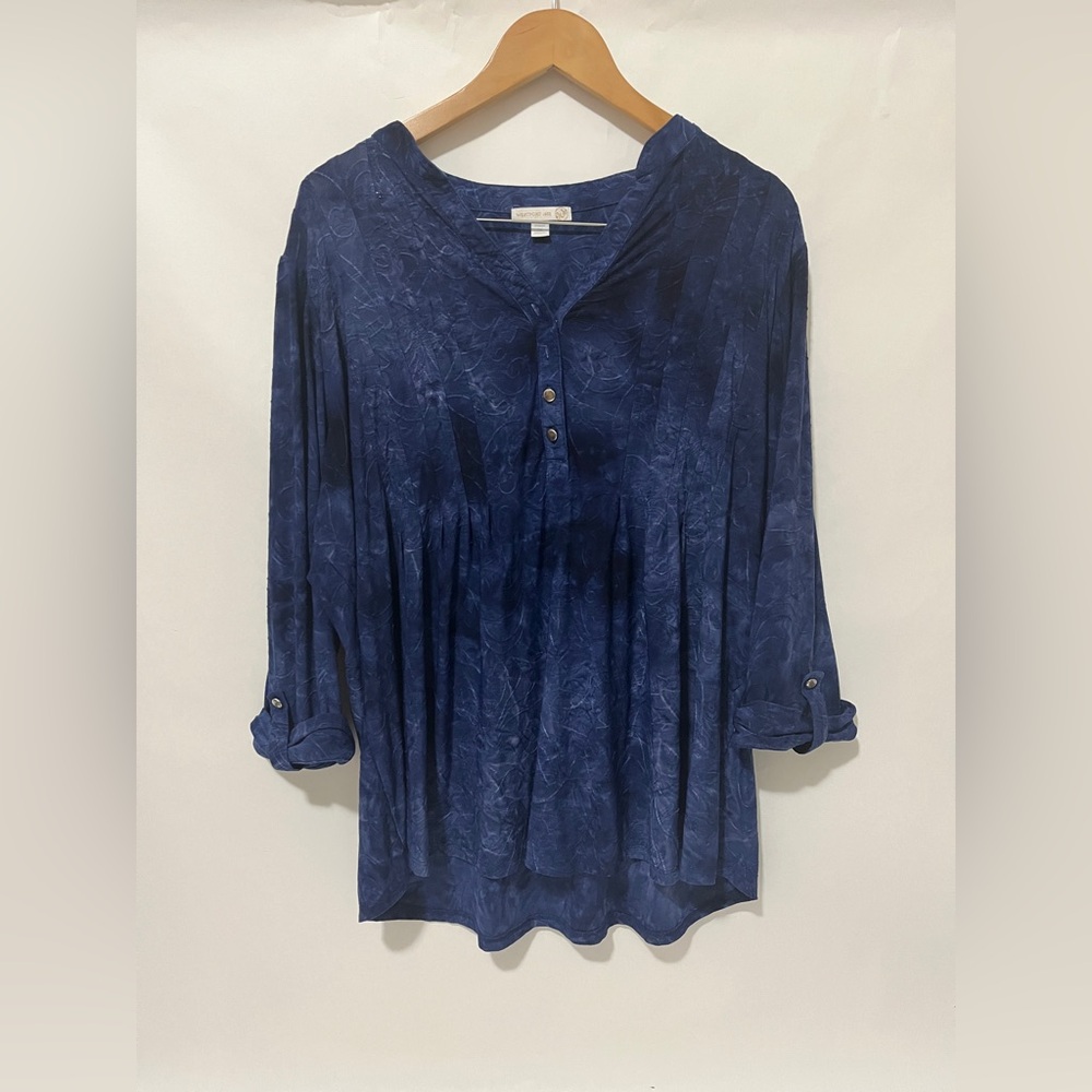 Westport Womens Blouse 3/4 Sleeve Roll Tab Blue Marble Watercolor Artsy Size 2X